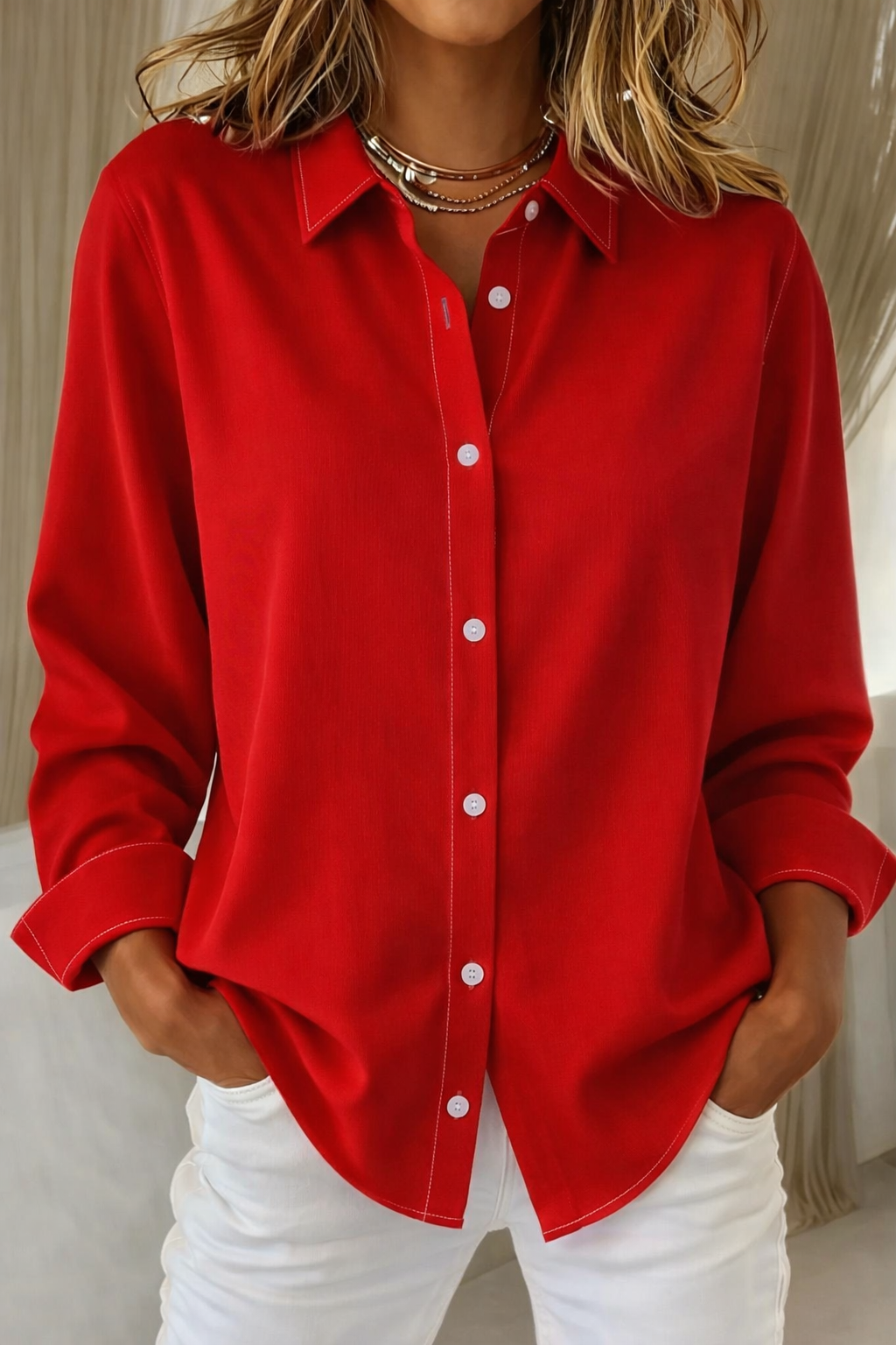 Red point-collar button-down blouse with long sleeves and straight hem