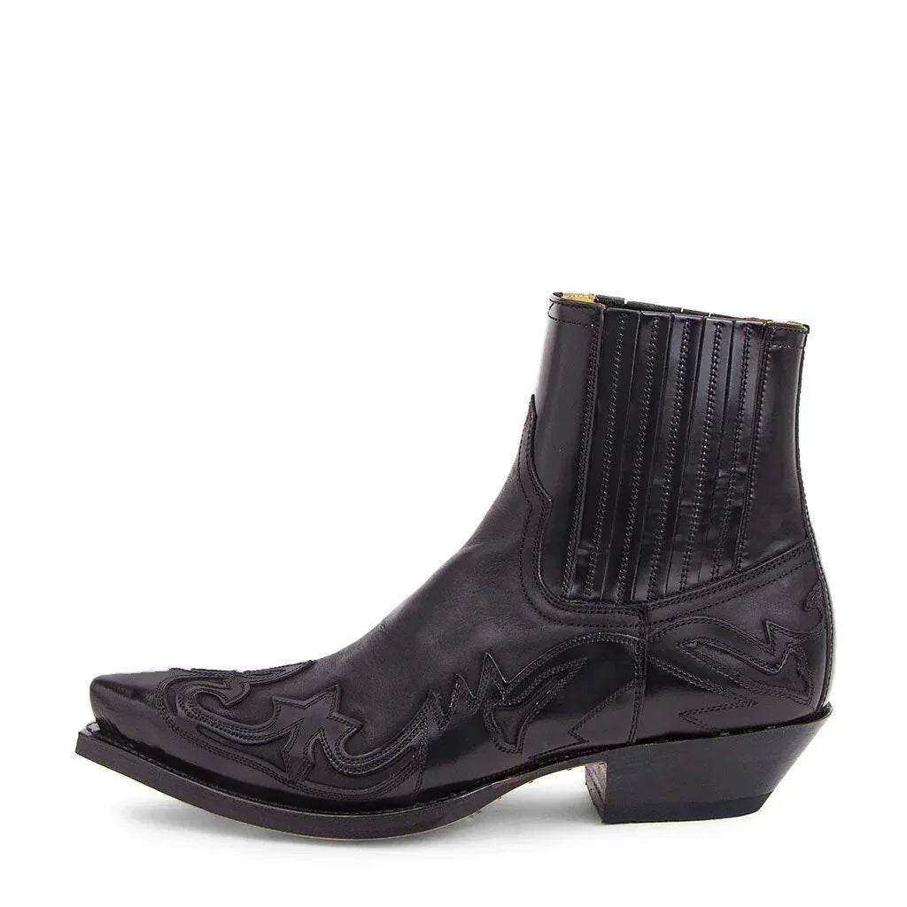 Women’s black pointed-toe Western leather ankle boots with cowboy embroidery