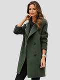 Army green longline coat with notch lapels, button front, and side pockets