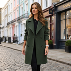 Women's longline double-breasted coat with sharp lapels, army-green tailored fit