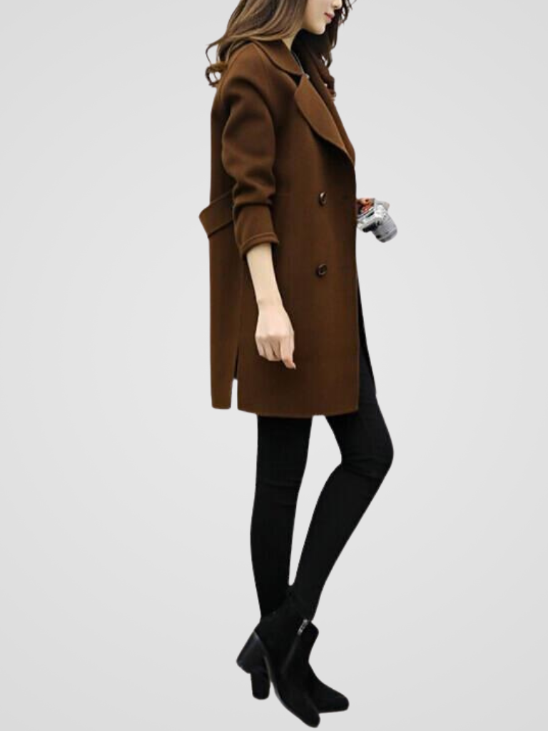 Brown longline coat with notch lapels and double-breasted button closure