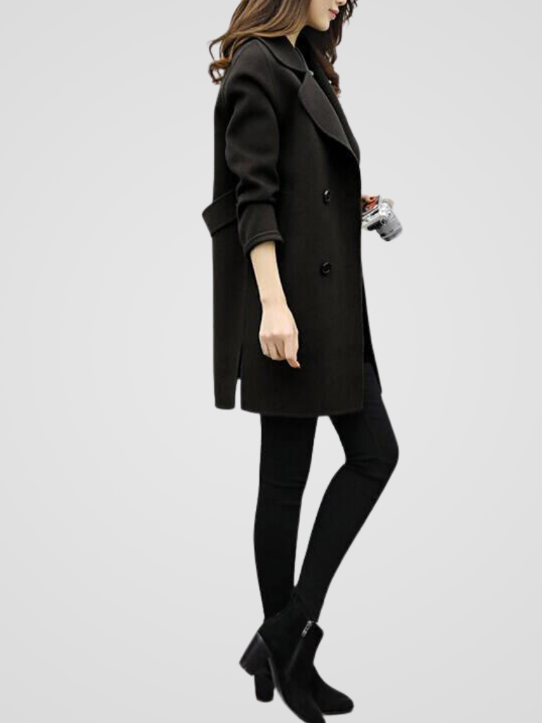Black longline coat with notch lapels and double-breasted button closure