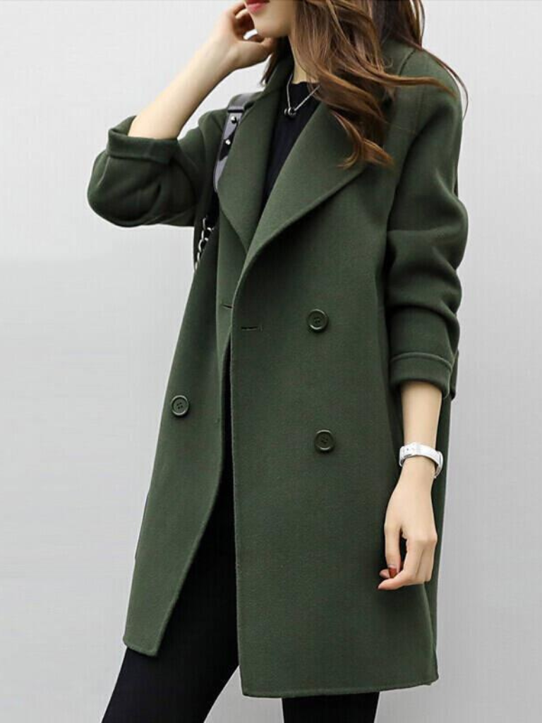 Army green longline coat with notch lapels, button details, and bracelet cuff