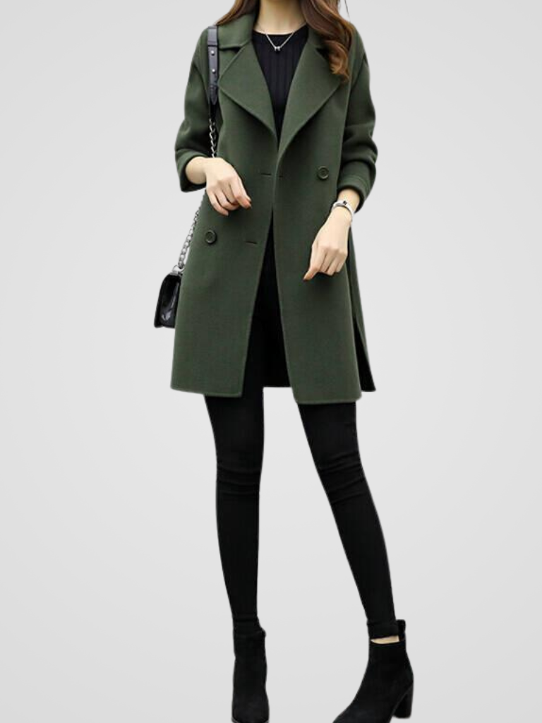 Army green longline coat with structured shoulders, button front, and side pockets