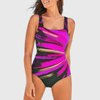 Women’s printed one-piece swimsuit with square neckline, wide straps, pink and black abstract