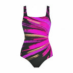 Women’s printed one-piece swimsuit with square neckline and wide straps, pink brush strokes on black