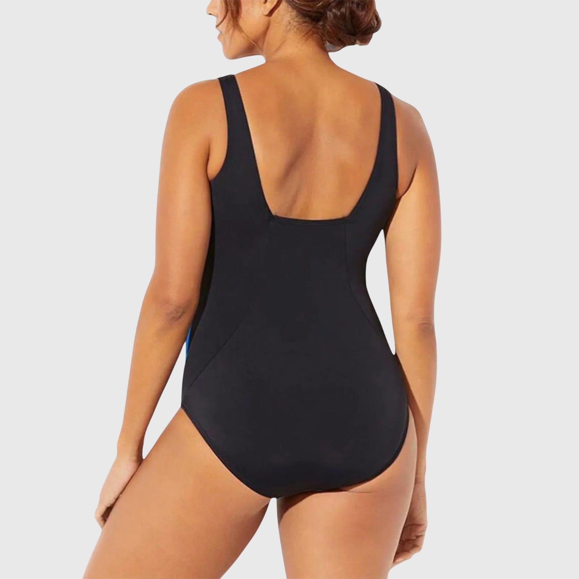 Women’s solid black one-piece swimsuit with square neckline and wide shoulder straps