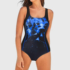 Women’s printed one-piece swimsuit with square neckline and wide straps, blue burst pattern
