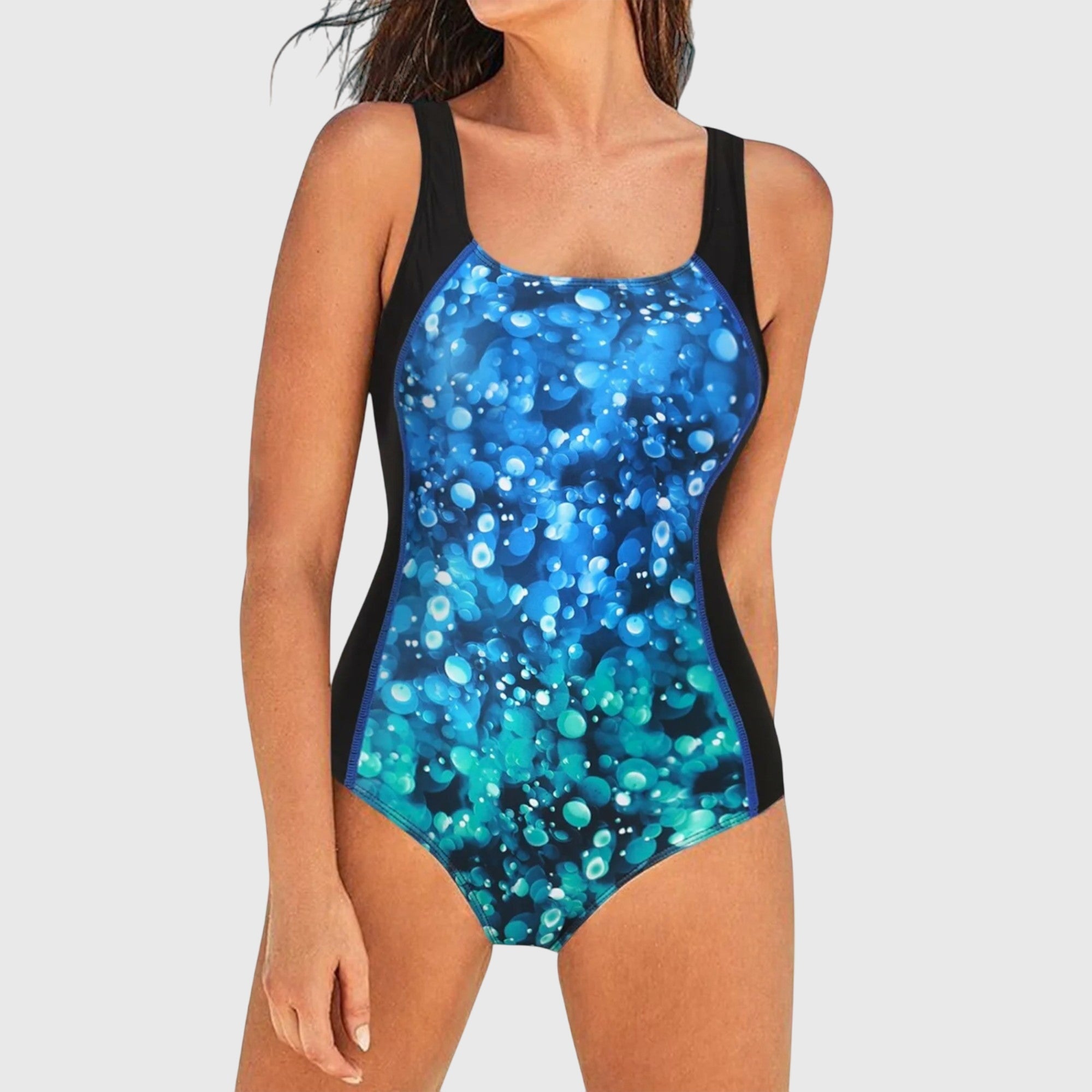 Women’s printed one-piece swimsuit with square neckline and wide straps, blue and teal bubbles