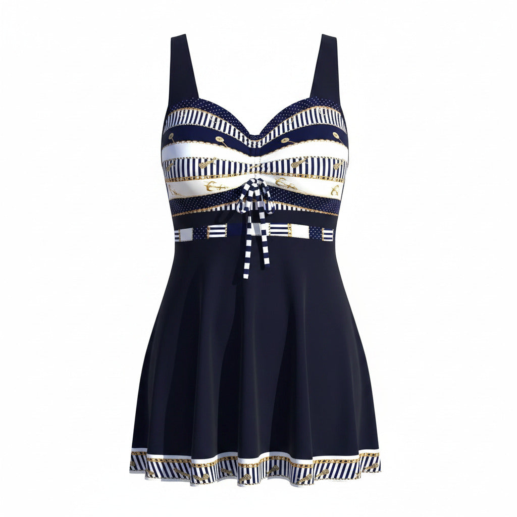 Navy tankini with skirted swim bottom, striped bodice tie-front, scalloped hem