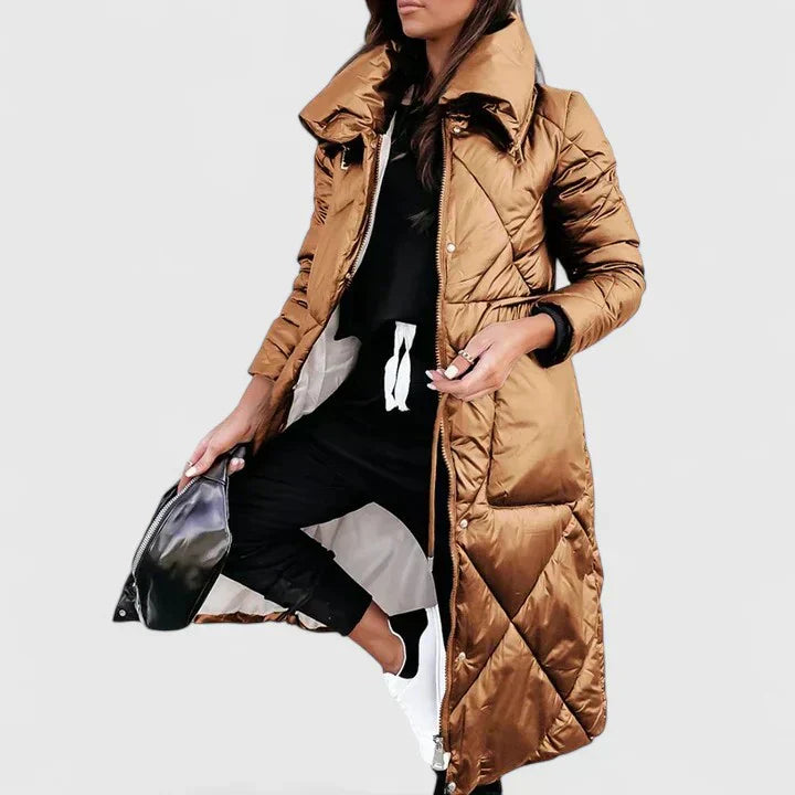 Brown long quilted coat with hood, button front, and side pockets