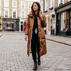 Women's brown long tailored coat with button front, lapel collar, and side pockets
