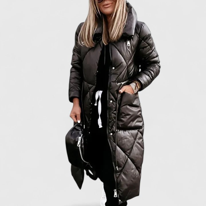 Dark long quilted coat with hood, button front, and side pockets