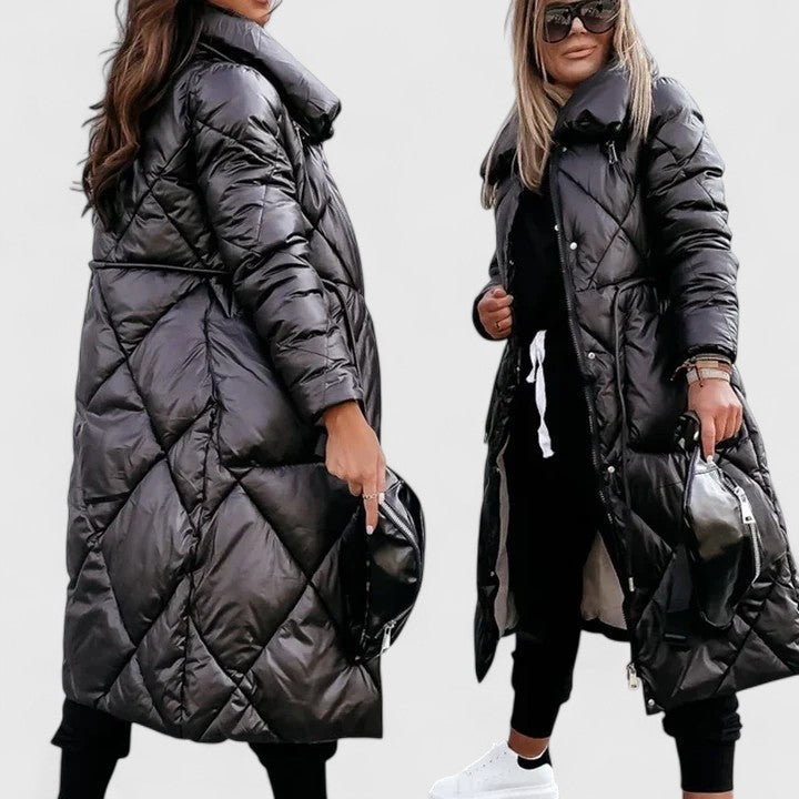 Gray-black long quilted hooded coat with button front and side pockets