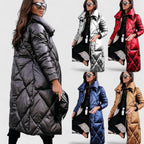 Long quilted hooded coat in multiple colors: black, silver, red, blue, brown