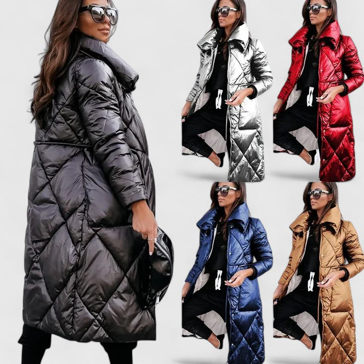 Long quilted hooded coat in multiple colors: black, silver, red, blue, brown
