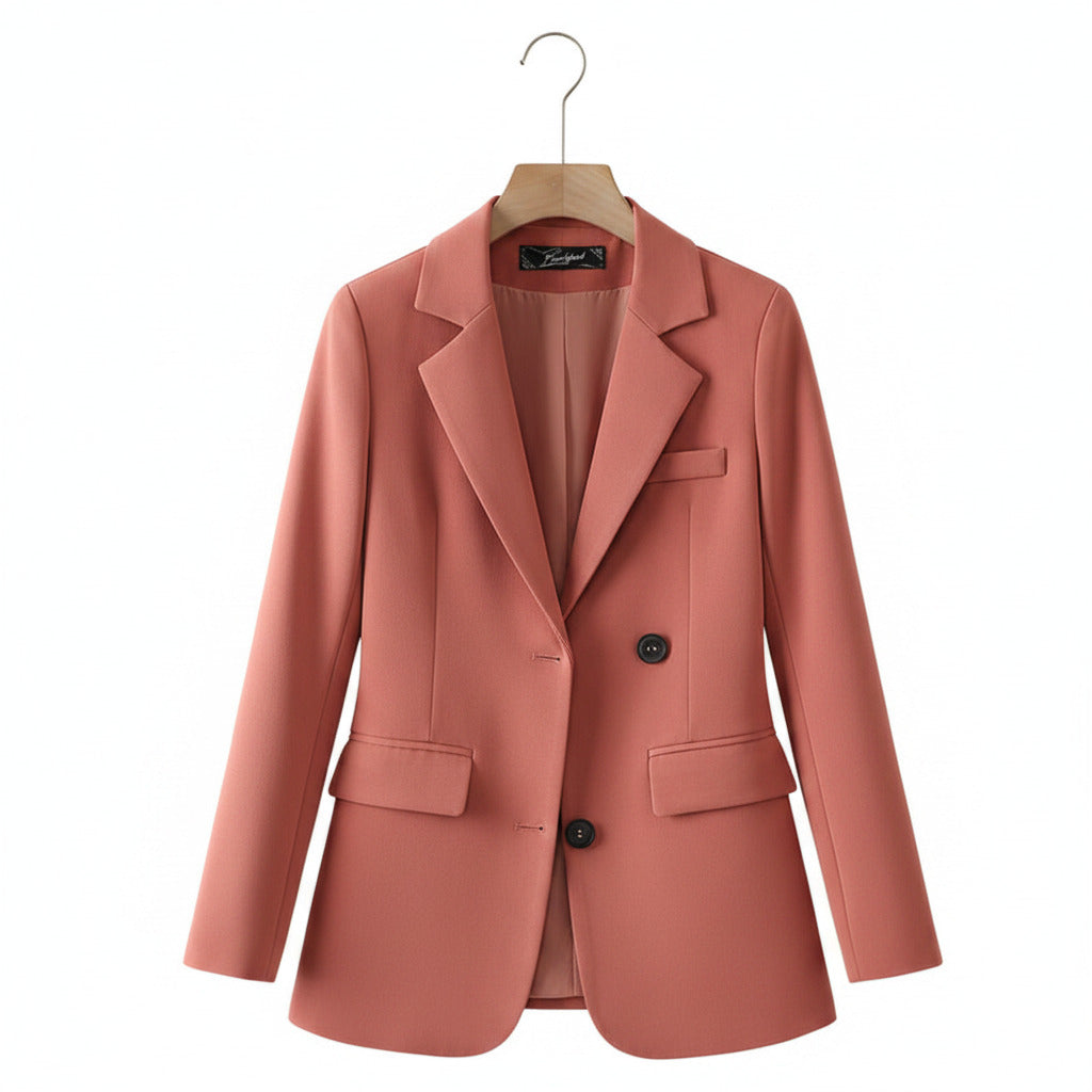 Coral women’s slim-fit blazer with notch lapels and two-button front.