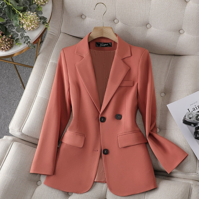 Women's tailored blazer, coral pink, double-breasted front with notched lapels and pockets