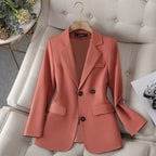 Women's tailored blazer, coral pink, double-breasted front with notched lapels and pockets