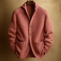 Men's ribbed wool vest in dusty rose, button-front with shawl collar and two patch pockets