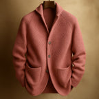 Men's ribbed wool vest in dusty rose, button-front with shawl collar and two patch pockets