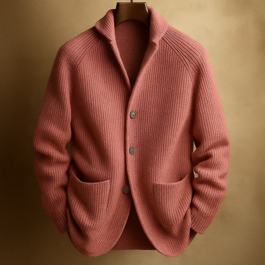 Men's ribbed wool vest in dusty rose, button-front with shawl collar and two patch pockets