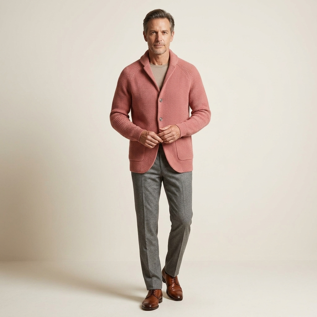 Men's pink ribbed wool vest, shawl collar, button-front, structured fit