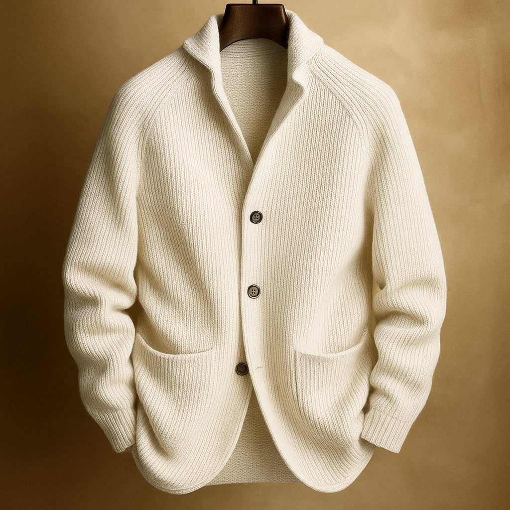 Men's ribbed wool vest in off-white, button-front with shawl collar and two patch pockets