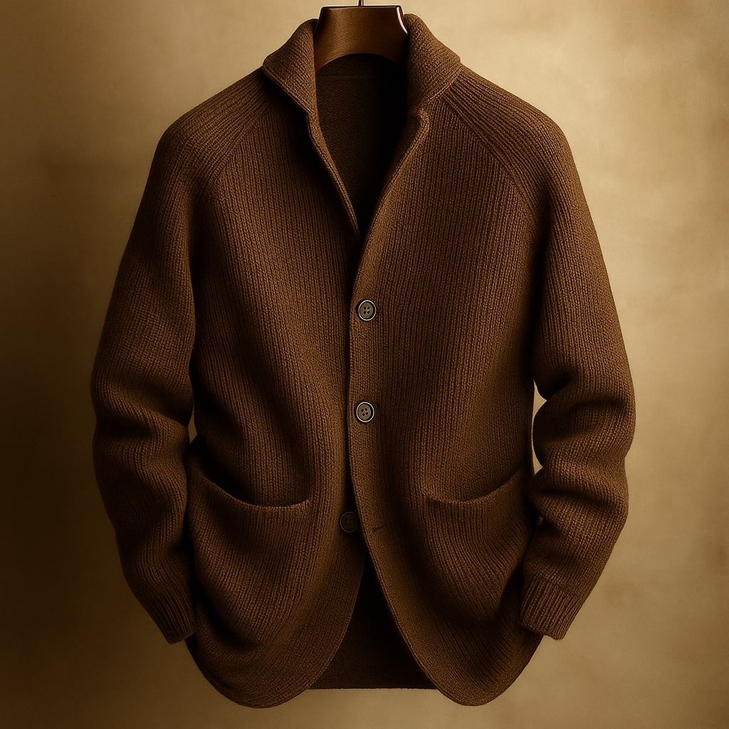 Men's ribbed wool vest in dark brown, button-front with shawl collar and two patch pockets