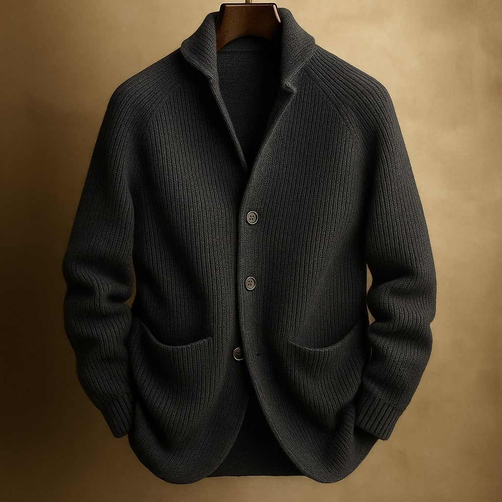 Men's ribbed wool vest in charcoal gray, button-front with shawl collar and two patch pockets