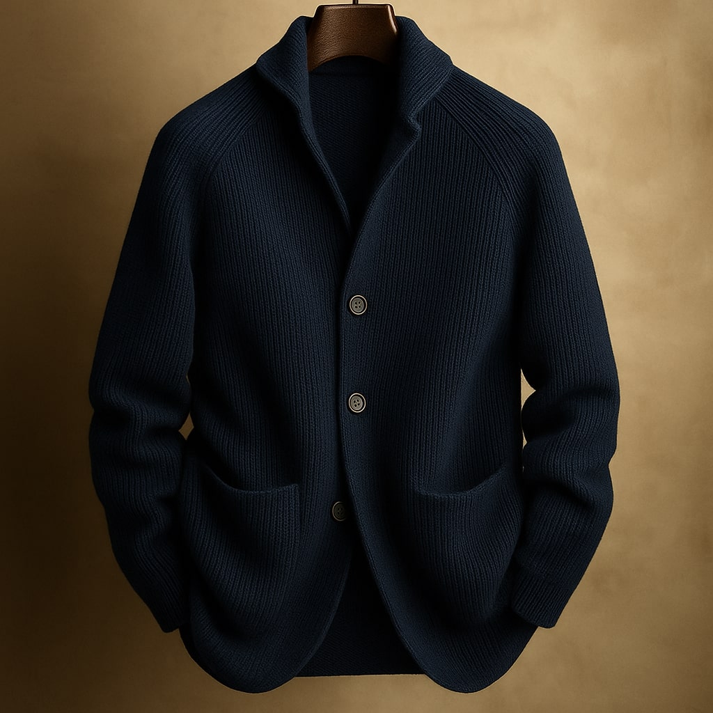 Men's ribbed wool vest in navy blue, button-front with shawl collar and two patch pockets