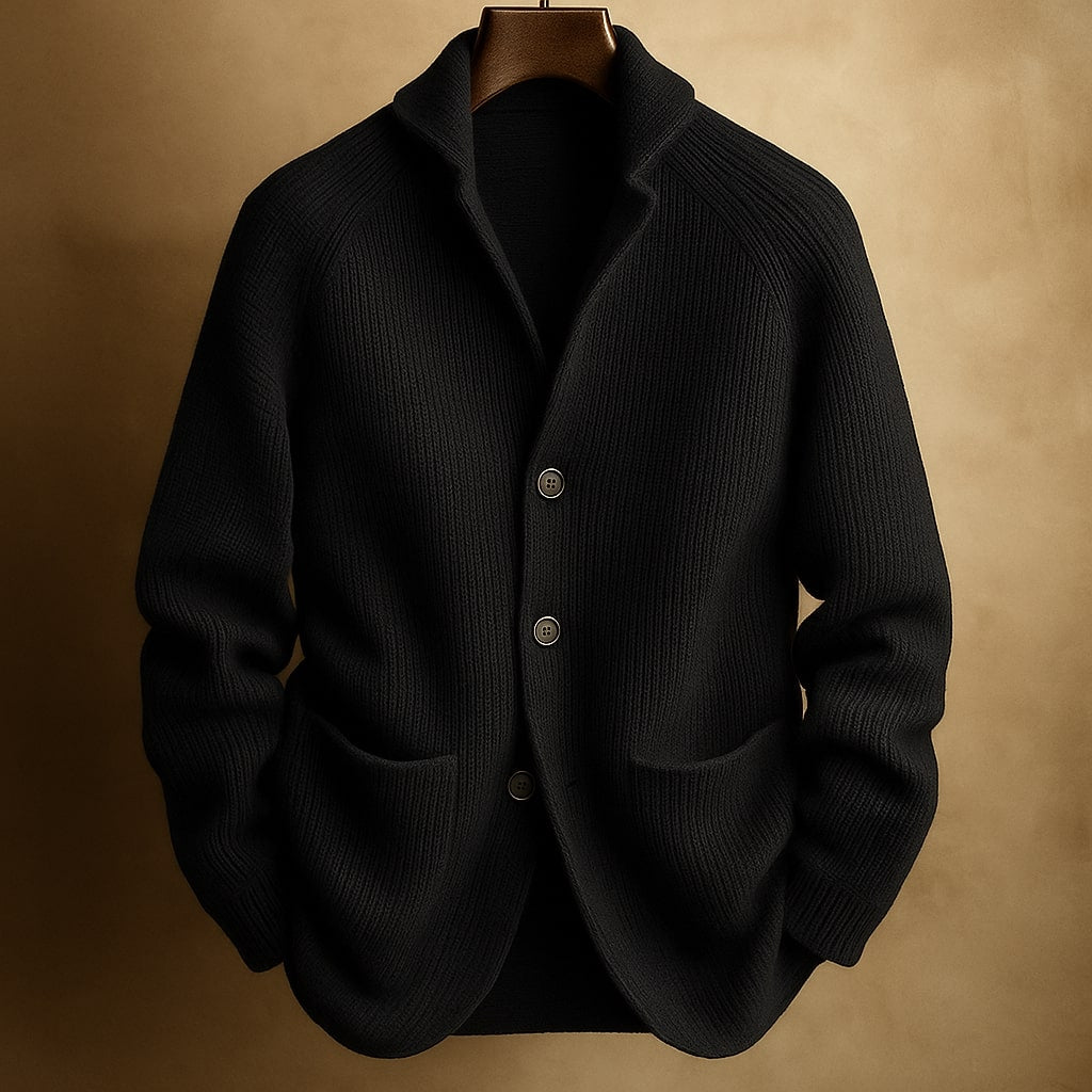 Men's ribbed wool vest in black, button-front with shawl collar and two patch pockets