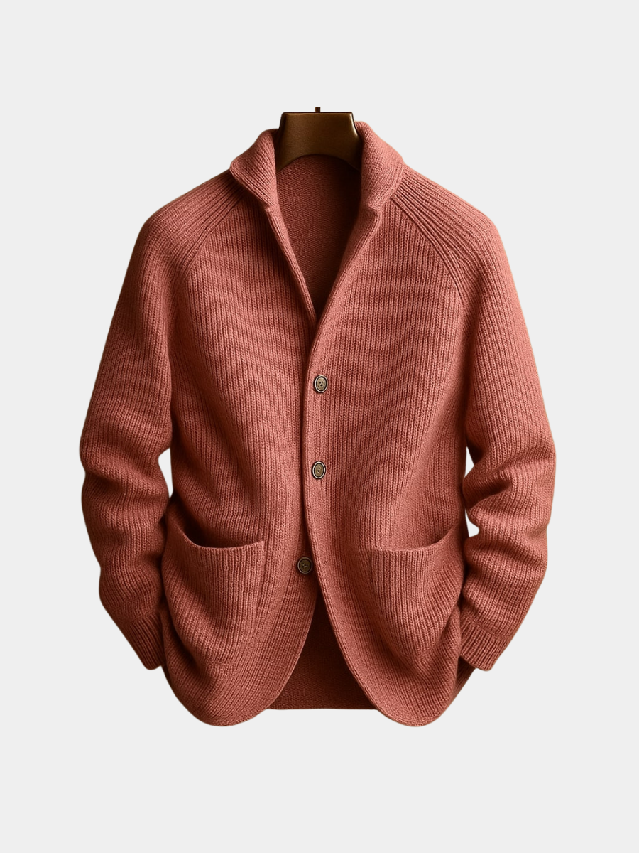 Men's ribbed wool vest in dusty rose, shawl collar and button-front with two patch pockets