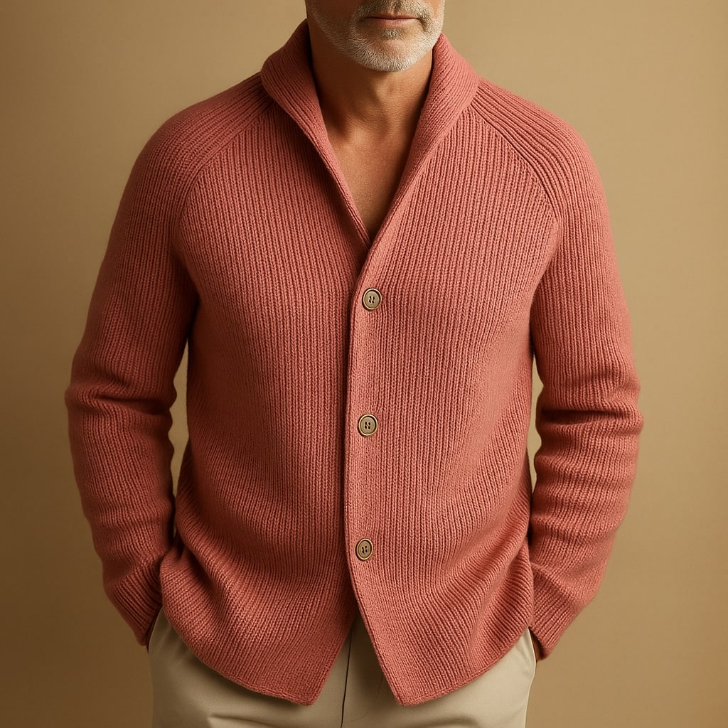 Men's ribbed wool vest in dusty rose worn by a man, shawl collar and button-front