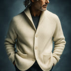 Men's ribbed wool vest in cream, button-front with shawl collar and two patch pockets