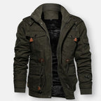 Dark green lined jacket with zip front, hood, and four utility pockets