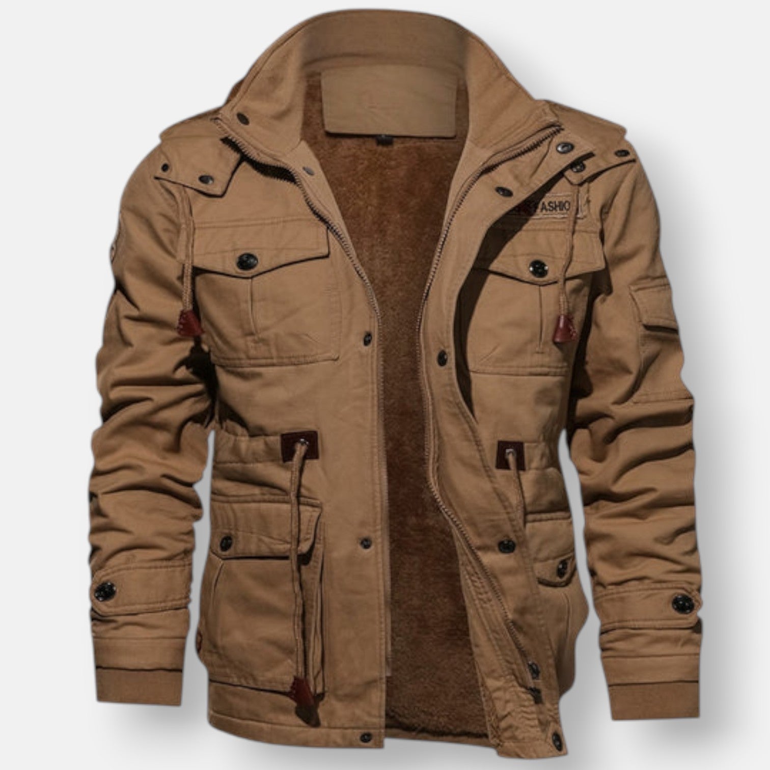 Khaki lined jacket with zip front, hood, and flap utility pockets
