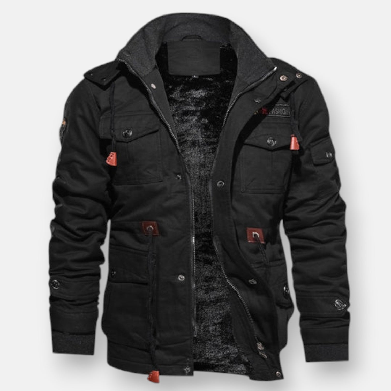 Black lined jacket with zip front, hood, and multiple utility pockets