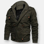 Olive green lined jacket with zip front, hood, and utility chest pockets