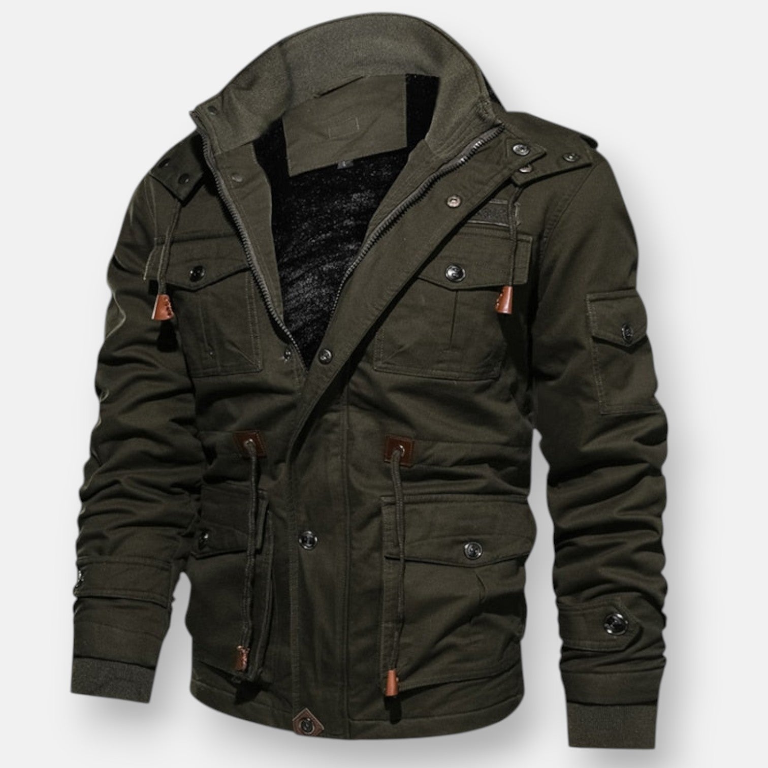 Olive green lined jacket with zip front, hood, and utility chest pockets