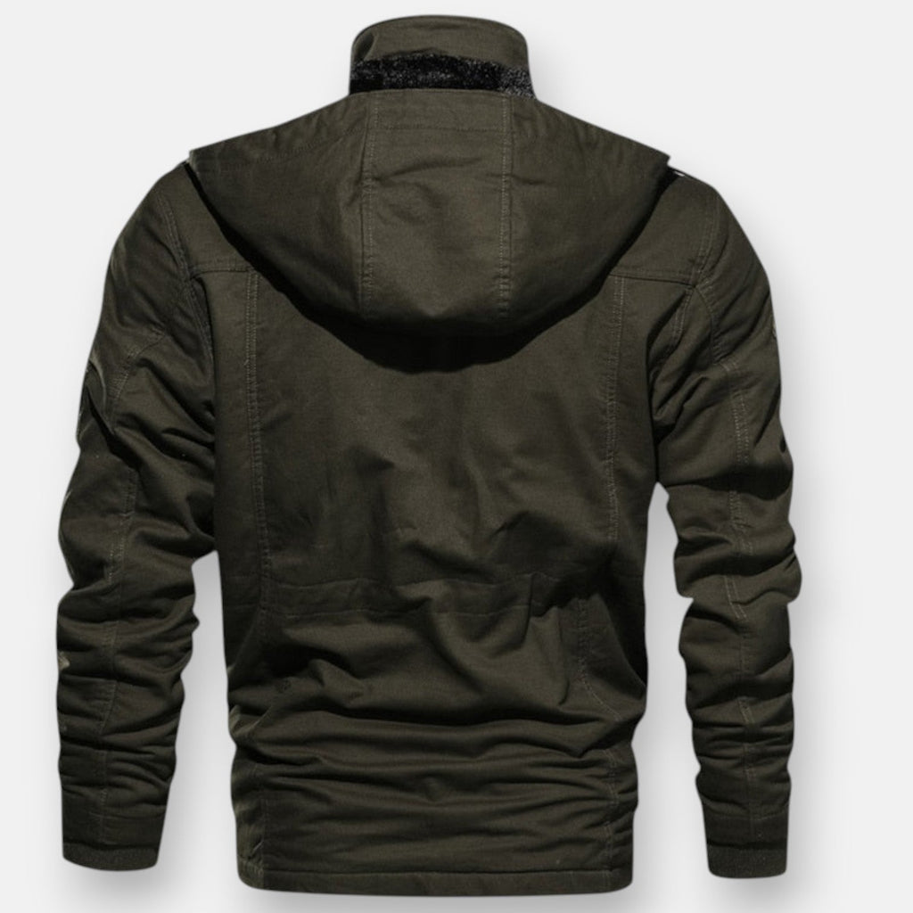 Olive green lined hooded jacket, back view with stitched yoke