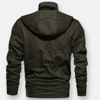 Olive green lined hooded jacket, back view with stitched yoke