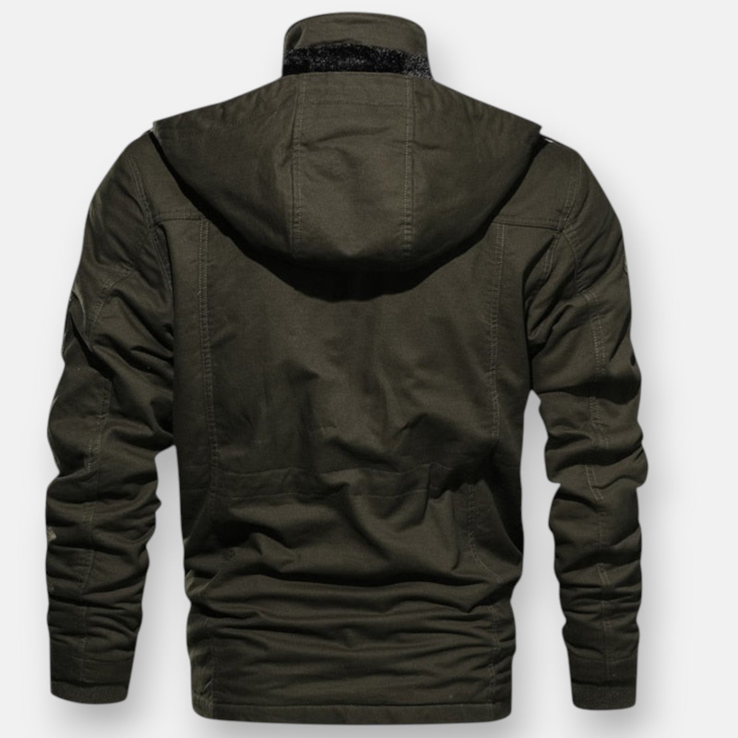 Olive green lined hooded jacket, back view with stitched yoke