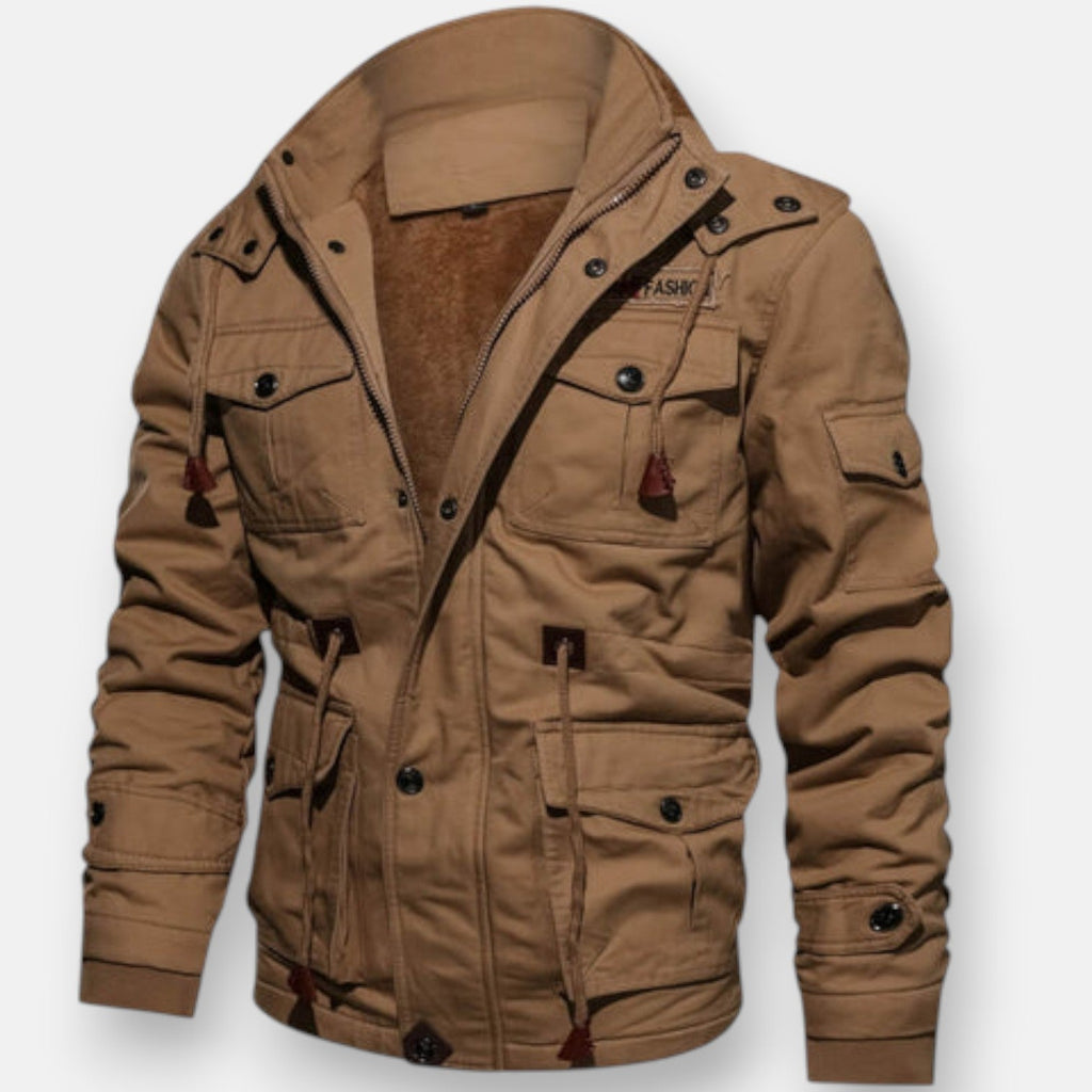 Tan lined jacket with zip front, hood, and utility pockets