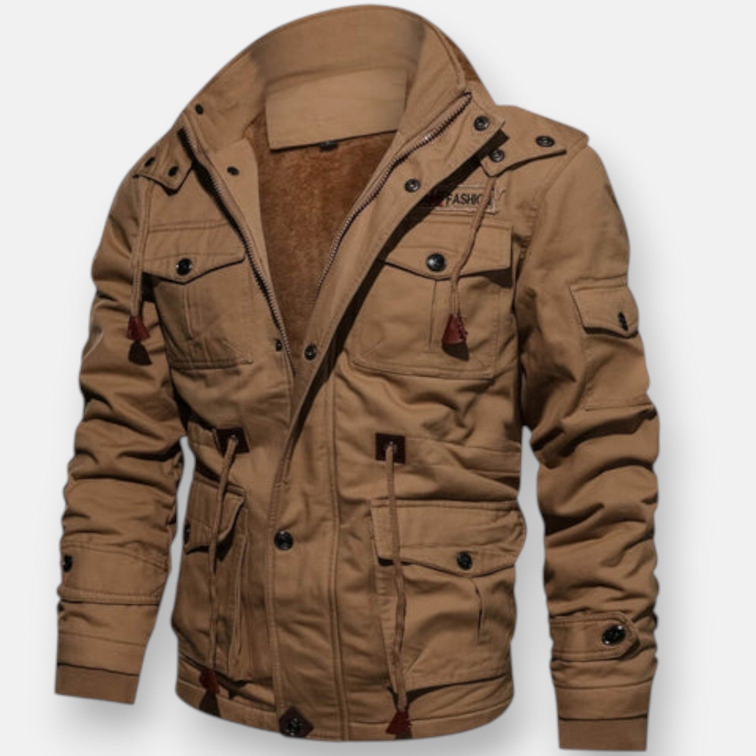 Tan lined jacket with zip front, hood, and utility pockets