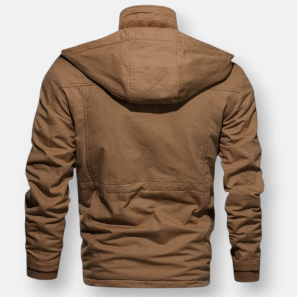 Tan lined hooded jacket, back view with yoke and gathered hem