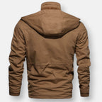 Tan lined hooded jacket, back view with yoke and gathered hem