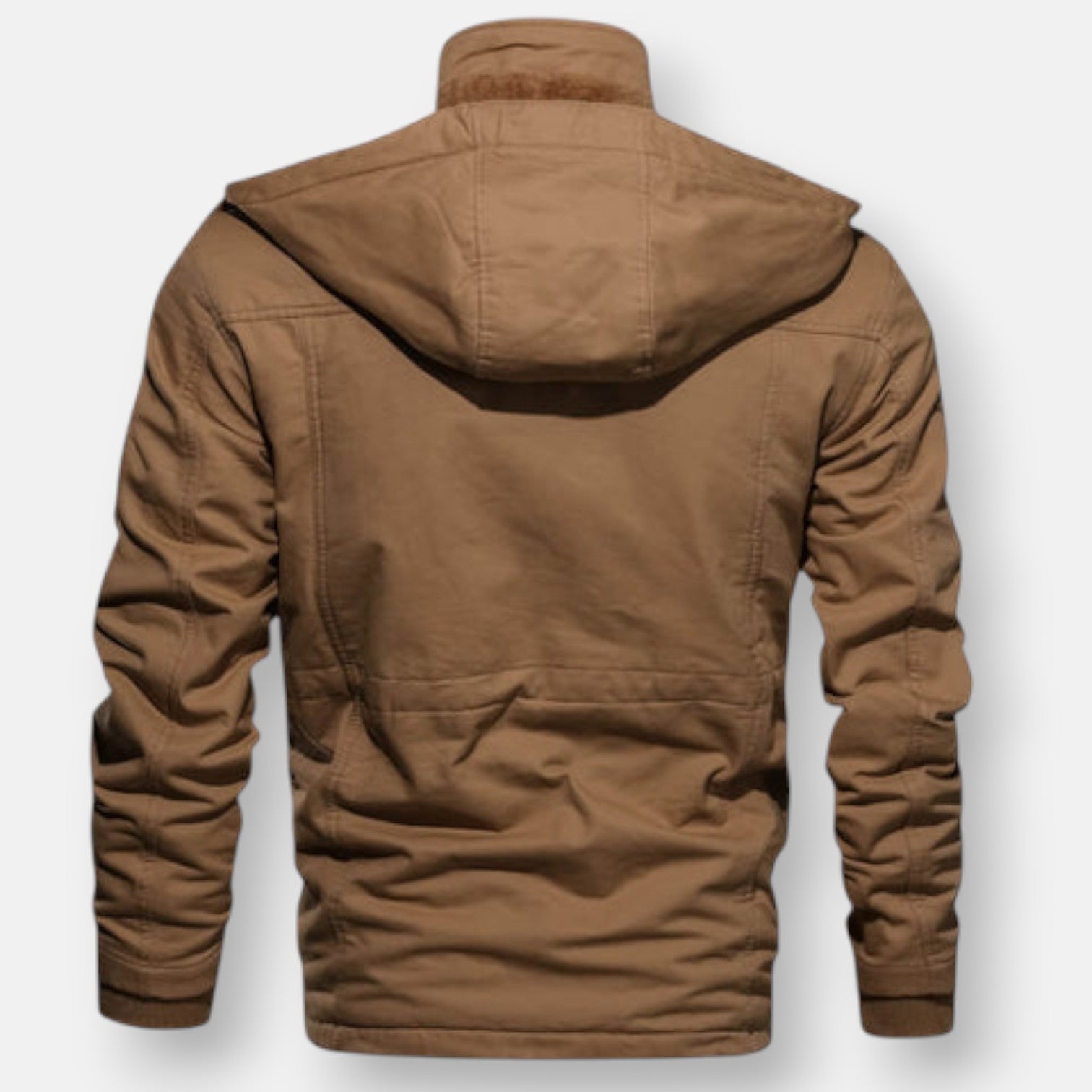 Tan lined hooded jacket, back view with yoke and gathered hem
