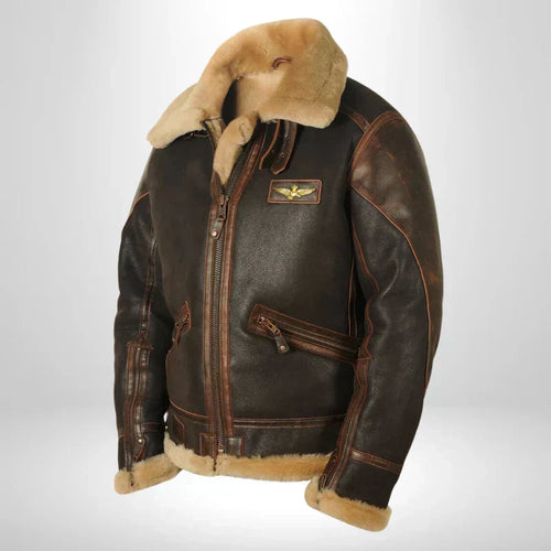 Brown leather flight jacket with tan fur collar, front zipper and chest patches
