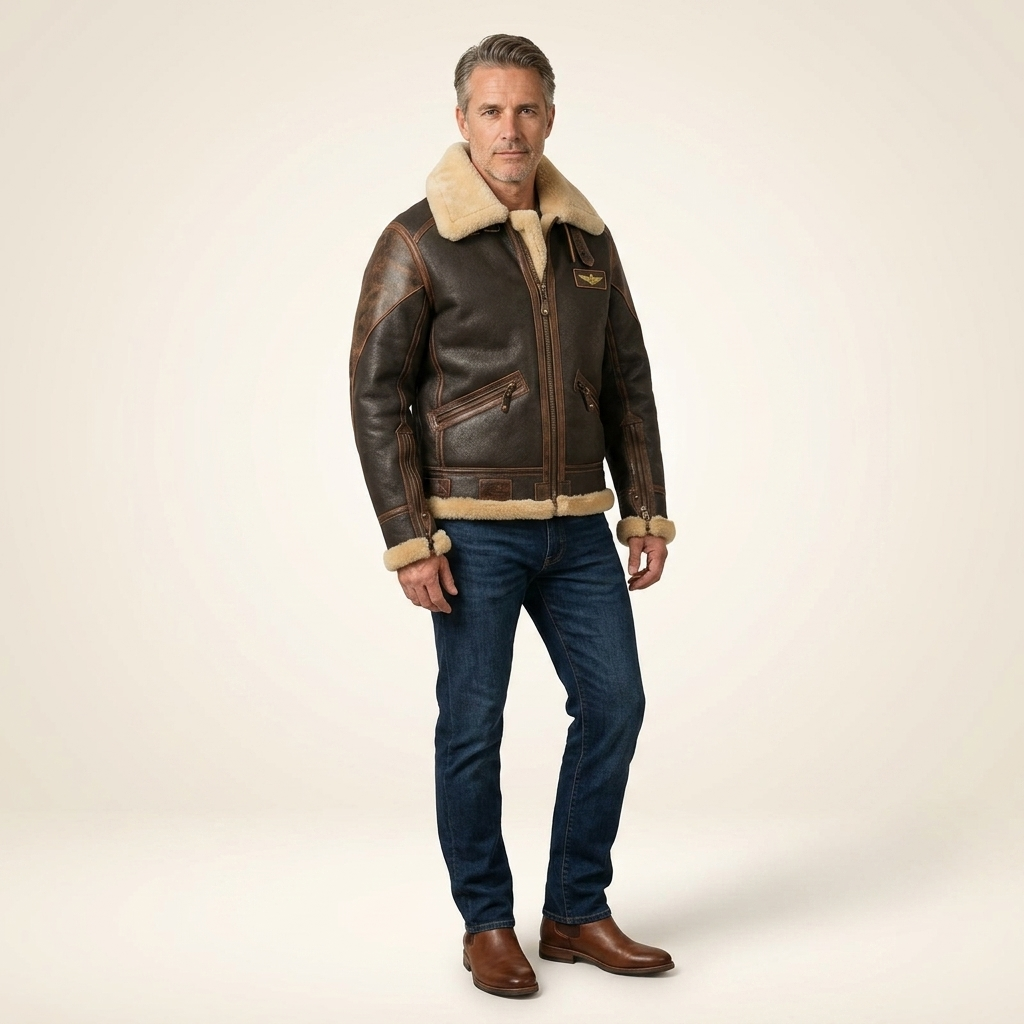 Men's brown leather aviator jacket with shearling collar and cuffs, zip front pockets
